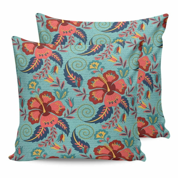 Outdoor Waterproof Throw Pillow Covers Set of 2 Teal Red Boho Floral Decorative Pillowcases Square Outdoor Pillows Cushion Case 18x18 Inch Vintage Abstract Flower Patio Pillows for Couch Sofa Bed