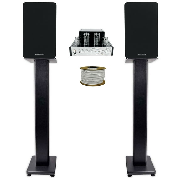 Rockville BluTube Tube Amplifier 5.25" Black Bookshelf Speakers Black 36" Stands