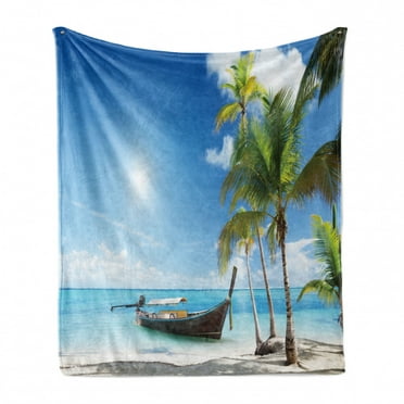 Palm Soft Flannel Fleece Throw Blanket, Exotic Summer Themed Image of Wooden Boat on Beach in Sunny Day Tropical Island, Cozy Plush for Indoor and Outdoor Use, 60" x 80", Multicolor, by Ambesonne