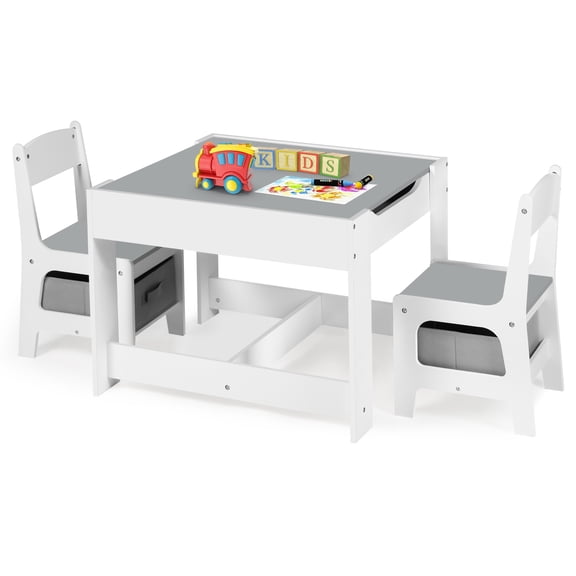 AILEEKISS 3 in 1 Toddler Wood Table & 2 Chairs Set, Activity Table for Toddlers, Grey