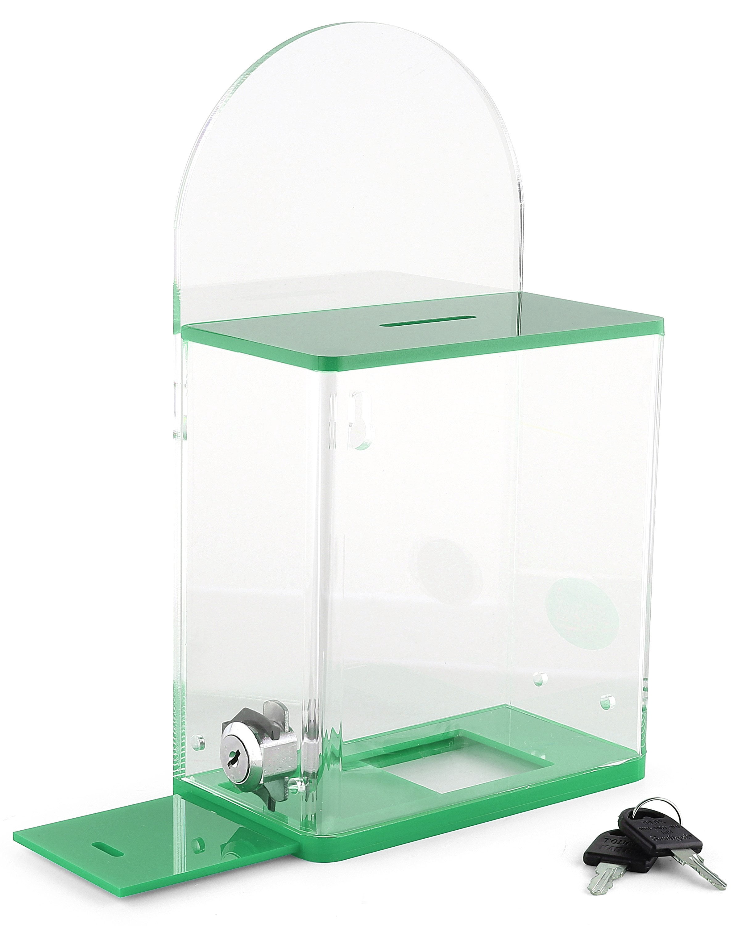 Acrylic Donation Suggestion collection Box Pre Drilled Holes For Wall mounted Or Retail Countertop Tip Box with round back wall display area 10 x 6 inches, Lock With set of keys Green