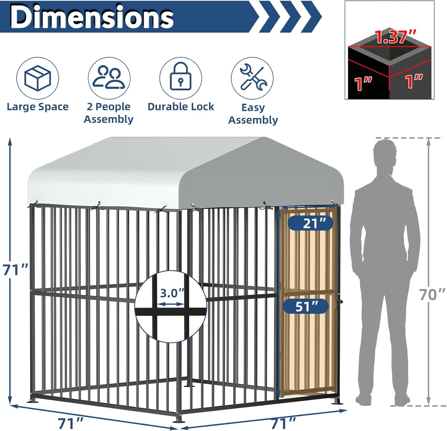 6 x 6 x 6 Ft Large Outdoor Dog Kennel, Heavy Duty Outside Dog Run Enclosure with UV & Waterproof Cover, Dog Pen House Pet Playpen with Thickened Bars & Secure Lock for Small to Large Dogs