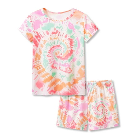 Beezizac Big Girls Tie Dye Red & Orange Swirl Pajamas Soft Spring Summer Short Sleeves Set Outfit Jammies Kid Size 6