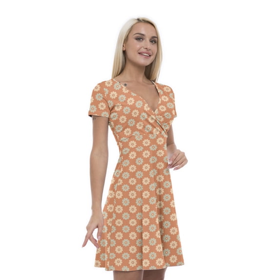 Women’s A Line Garden Summer Dress, Retro Triangle Arrangement, Cross Wrap V Neck, 6 Sizes, by Ambesonne