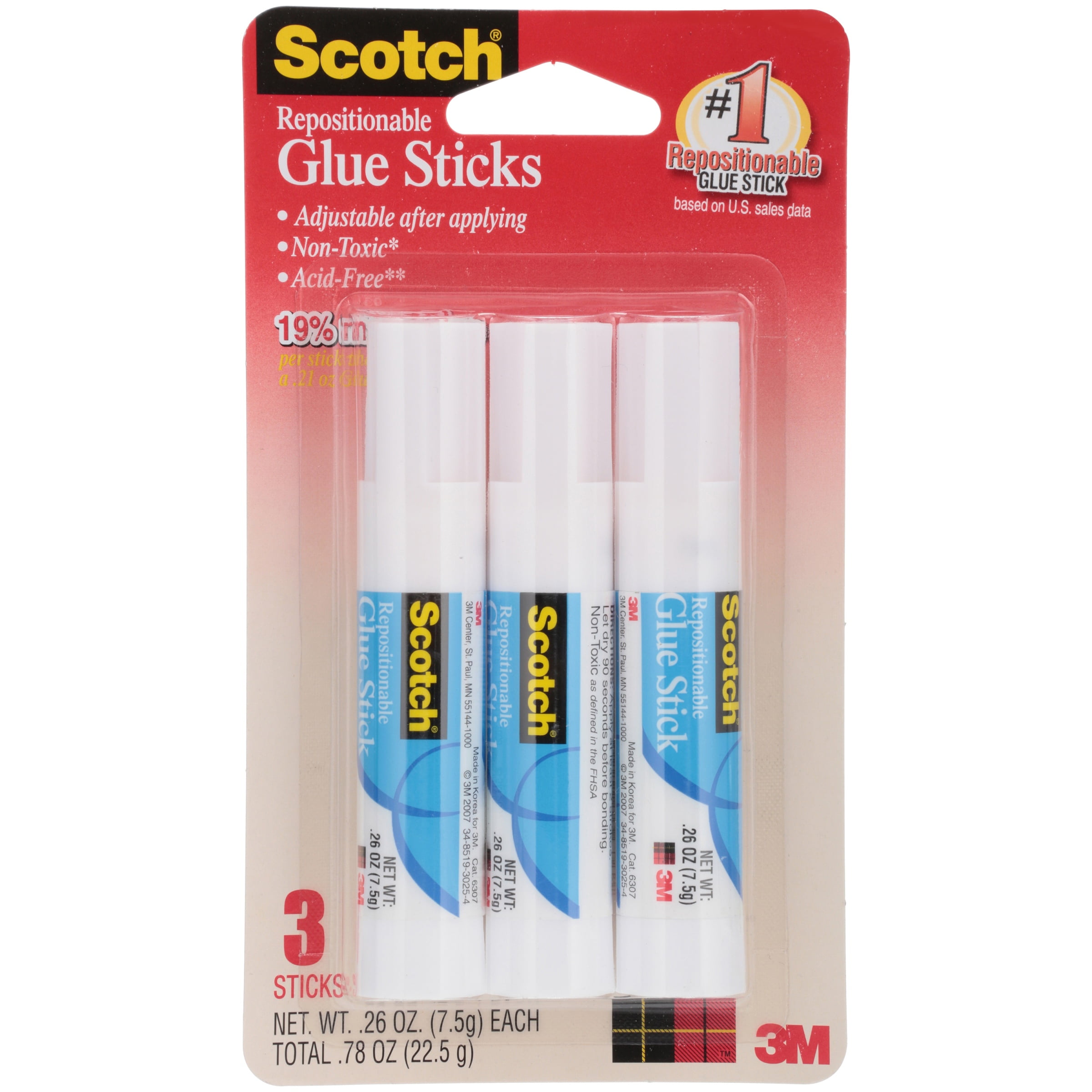 3M 63073 Restickable Glue Stick, 0.26oz., 3/PK, White by Scotch