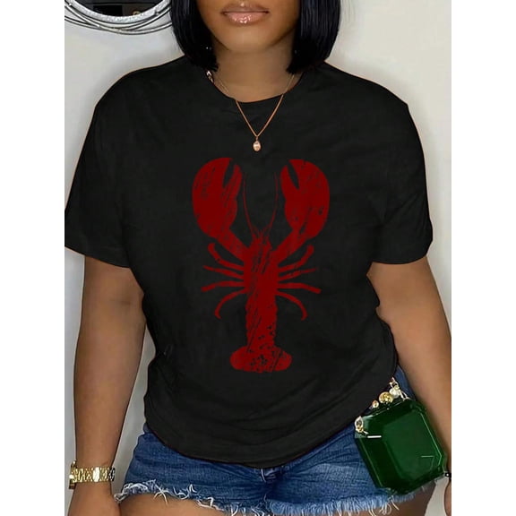 Cotton Vintage Lobster Print T-Shirt Women's Graphic Tee Casual Tops
