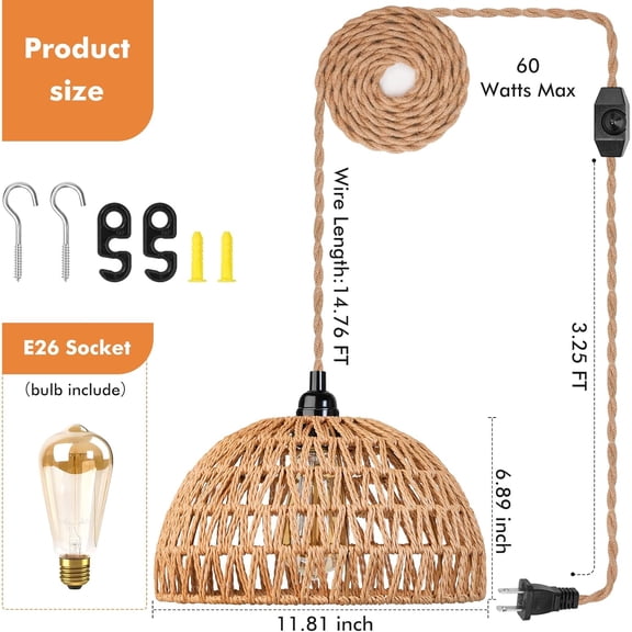 SHILIU-Plug in Pendant Light Rattan Hanging Lamp with 15 Ft Hemp Rope Cord, Wicker Hanging Lights with Bamboo Basket Lamp Shade,Dimmable Switch Woven Boho Plug in Ceiling Light for Living Room Bedroo