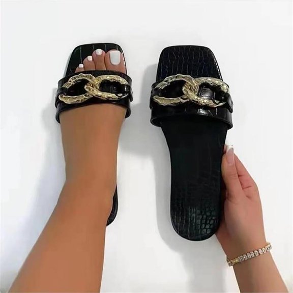 Floenr Flip Flops for Women,Sandals Women Casual Peep Toe Flat Heels Shoes Metal Button Chain Summer Slippers