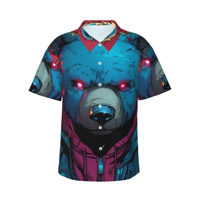 Balery Neon Cyberpunk Blue Bear Camisas hawaianas de manga corta para hombre, camisas playeras de corte holgado, camisas de vacaciones con botones,3X-Large