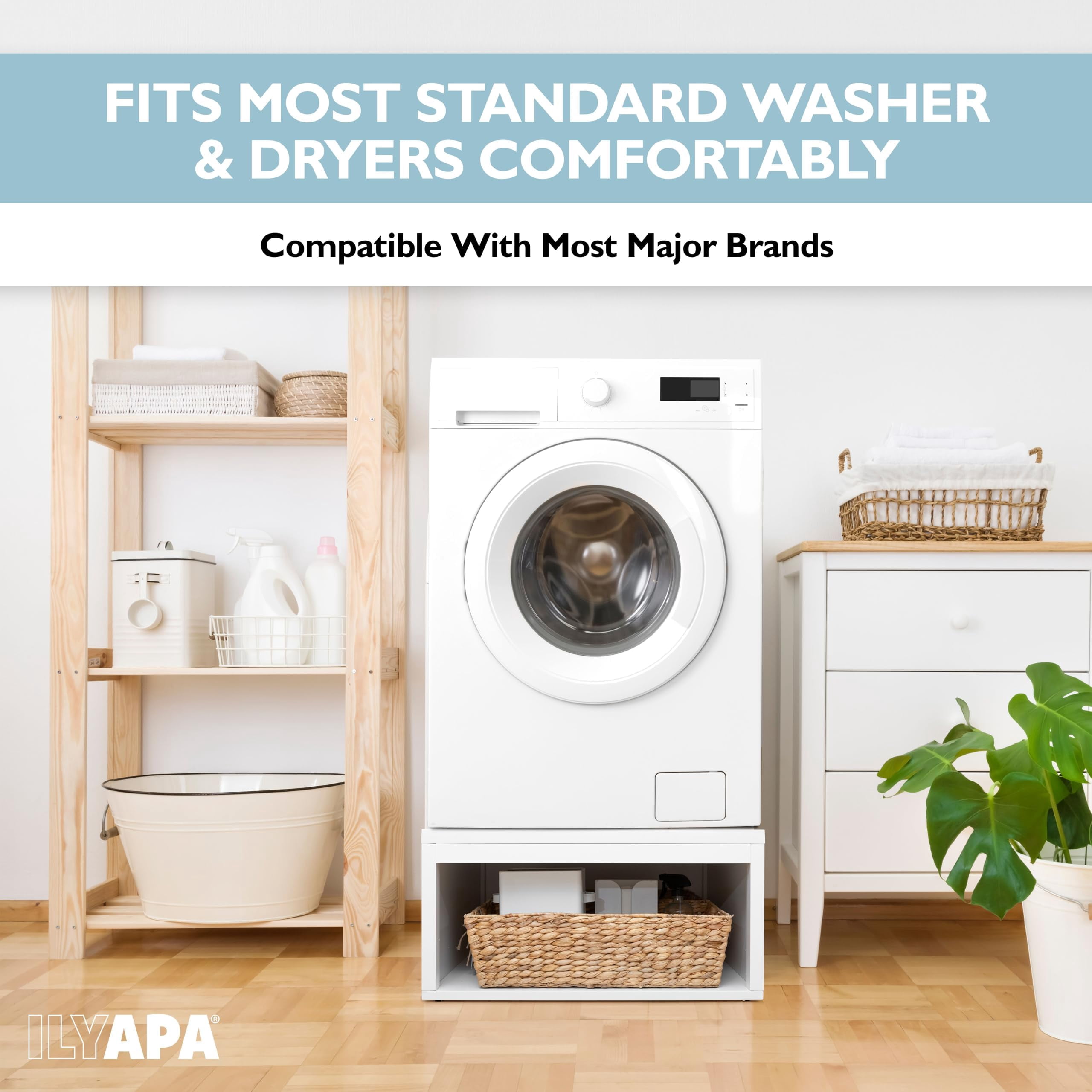 Ilyapa Washer and Dryer Stand - Universal Wooden Laundry Pedestal with Drawer - Compatible with Samsung, LG, GE, Maytag - 28x28x14 in. Patent Pending