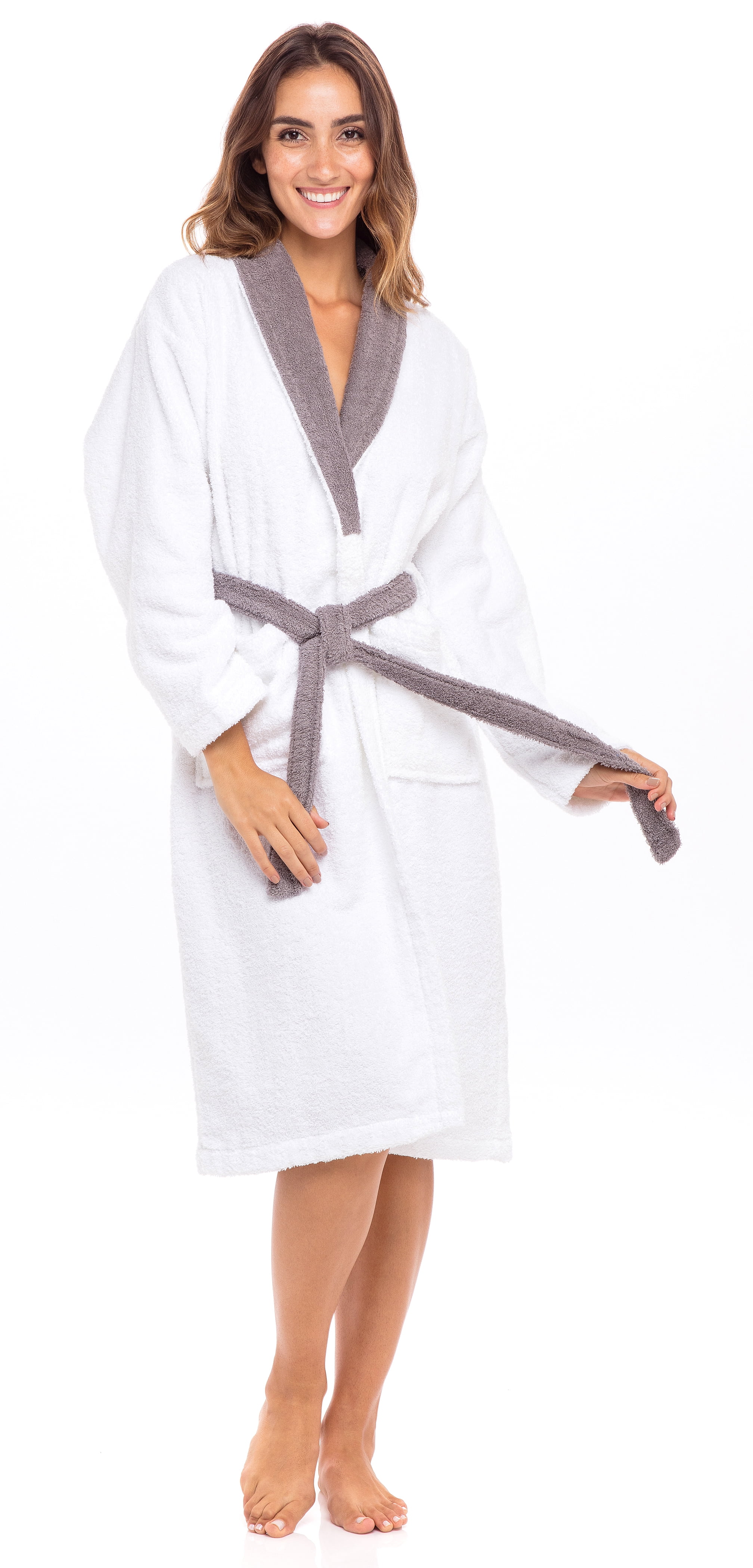 terry dressing gown ladies Skylinwears Womens 100% Cotton Bathrobe Toweling Robe Two Tone WhiteGray, Women's, Size: XL RCT-Joana-202427
