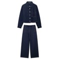 thumbnail image 4 of HH TRAF 2024 Conjunto de mujer Camisa vaquera de un solo pecho con bolsillo y cuello vuelto + pantalones vaqueros con cordones de cintura alta Traje de otoño para mujer de moda, 4 of 5