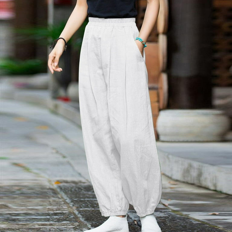 Olyvenn Women's Summer Casual Slim High Elastic Waist Full Length Long  Pants Solid Color Sports Active Cotton And Linen Pants Female Fashion White  8 