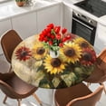 thumbnail image 2 of Sunflowers Round Tablecloth 55-60 Inch Round Fitted Table Cloth with Elastic Edge, Abstract Oil Painting Red Yellow Floral Plant Waterproof Table Cover Protector for Outdoor Picnic Party Dining, 2 of 6