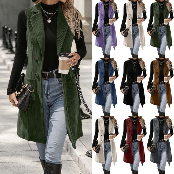 FchengtaiS Womens Corduroy Long Vest Double Breasted Sleeveless Blazer Jackets Business Casual Fall Outerwear Outfits with Pockets