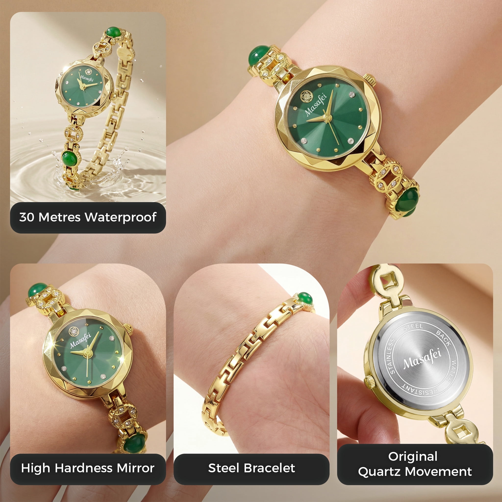 Watches for Women Dainty Green Chain Bracelet Rhinestone Dial Elegant Dress Classic Quartz Ladies Wristwatch Gift