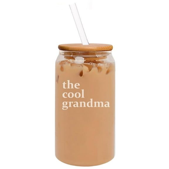 16oz Can Shaped Glass Iced Coffee Cup with Bamboo Lid and Straw Gift The Cool Grandma For Grandmother Birth Announcement