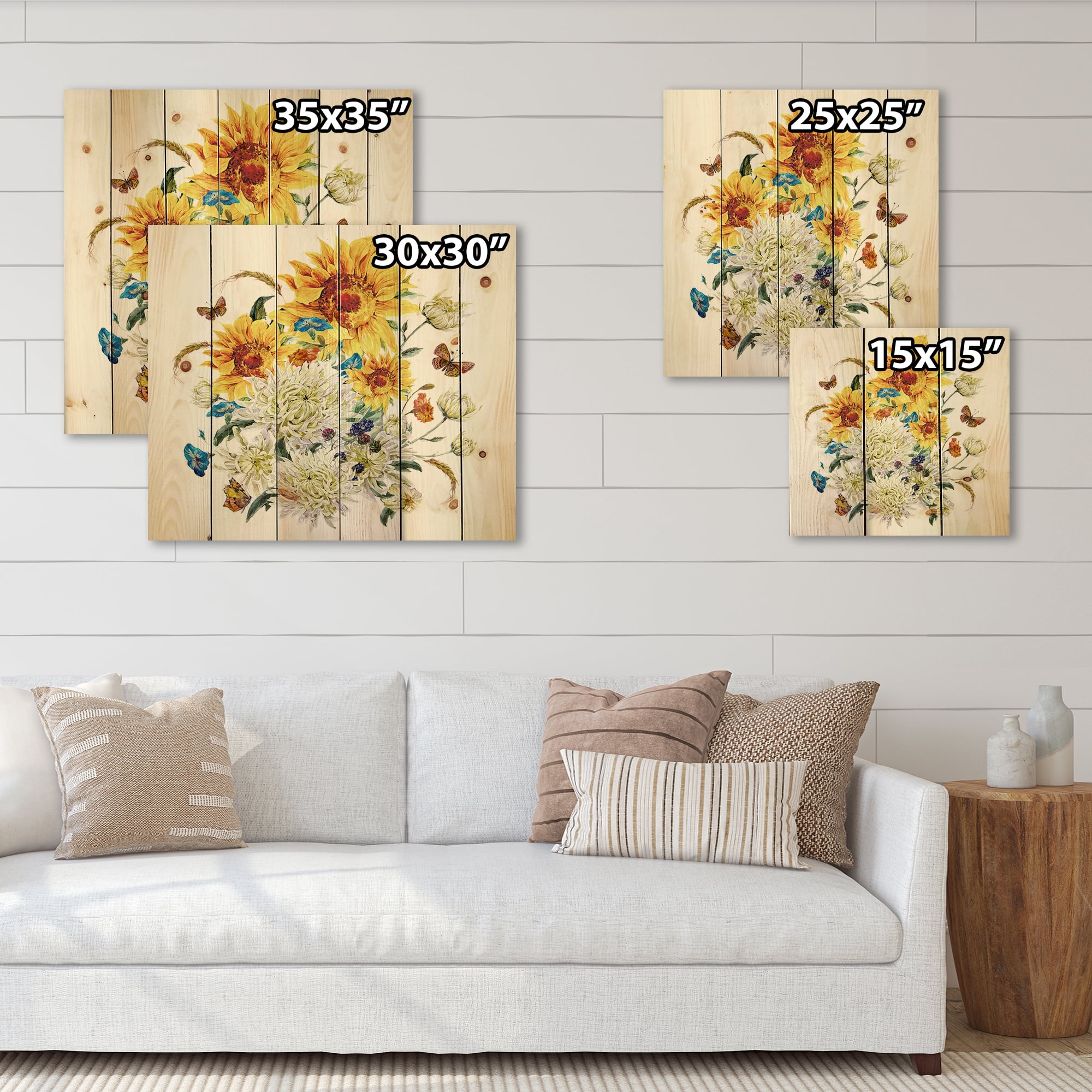 Designart 'Ancient Chrysanthemums and Sunflowers' Traditional Print on Natural Pine Wood