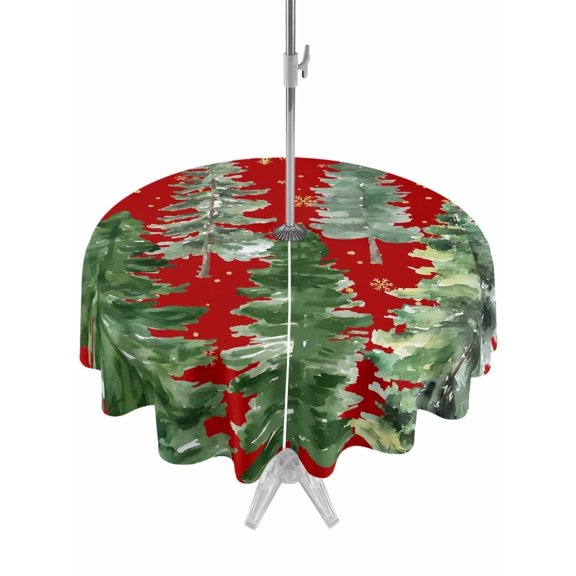 Outdoor Tablecloth with Umbrella Hole and Zipper, Red Christmas Tree Round Table Cloth 60 Inch Waterproof Tablecloth, Winter Watercolor Gold Snowflakes Picnic Table Cover for Patio Camping
