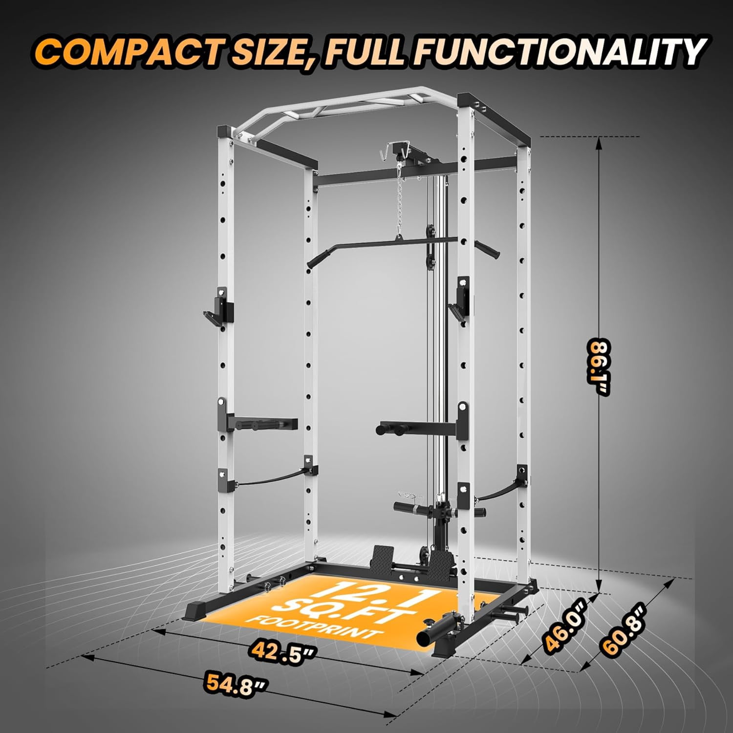 Hetoy 1600 Lbs Power Rack for Home Gym Squat Rack with Cable Pulley System & LAT Pull Down Workout Cage Strength Training Weight Cage with Dip Bar & J Hooks for Multiple Exercises,White