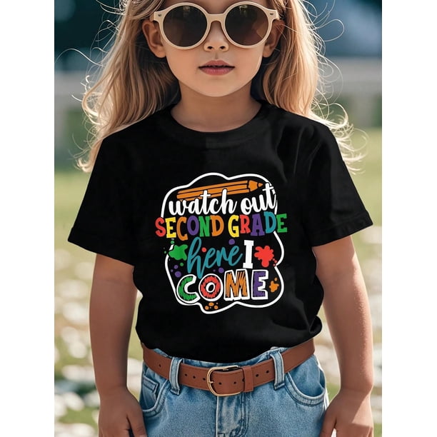 Kids Cotton T-Shirt, First Of School Top Black Short Sleeve Tee For Grade 2, Print Summer Outdoor Sports Shirts, Size 4Y-13Y With Black, Back To School Second Grade Graphic Tee
