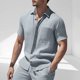 thumbnail image 1 of Blusa y camisa de manga corta con cuello vuelto para hombre, de verano, de color liso, de manga corta, con solapa y botones, estilo cárdigan, con bolsillo, blusa de moda, camisa de poliéster para homb, 1 of 9