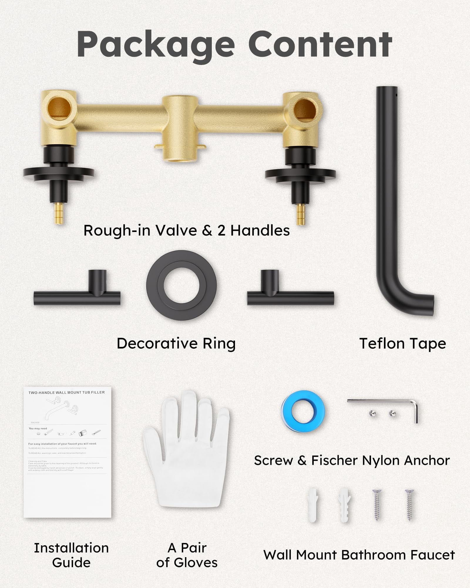 Wall Mount Tub Filler Black Solid Brass Two Handles Long Spout Bathroom Bathtub Faucet