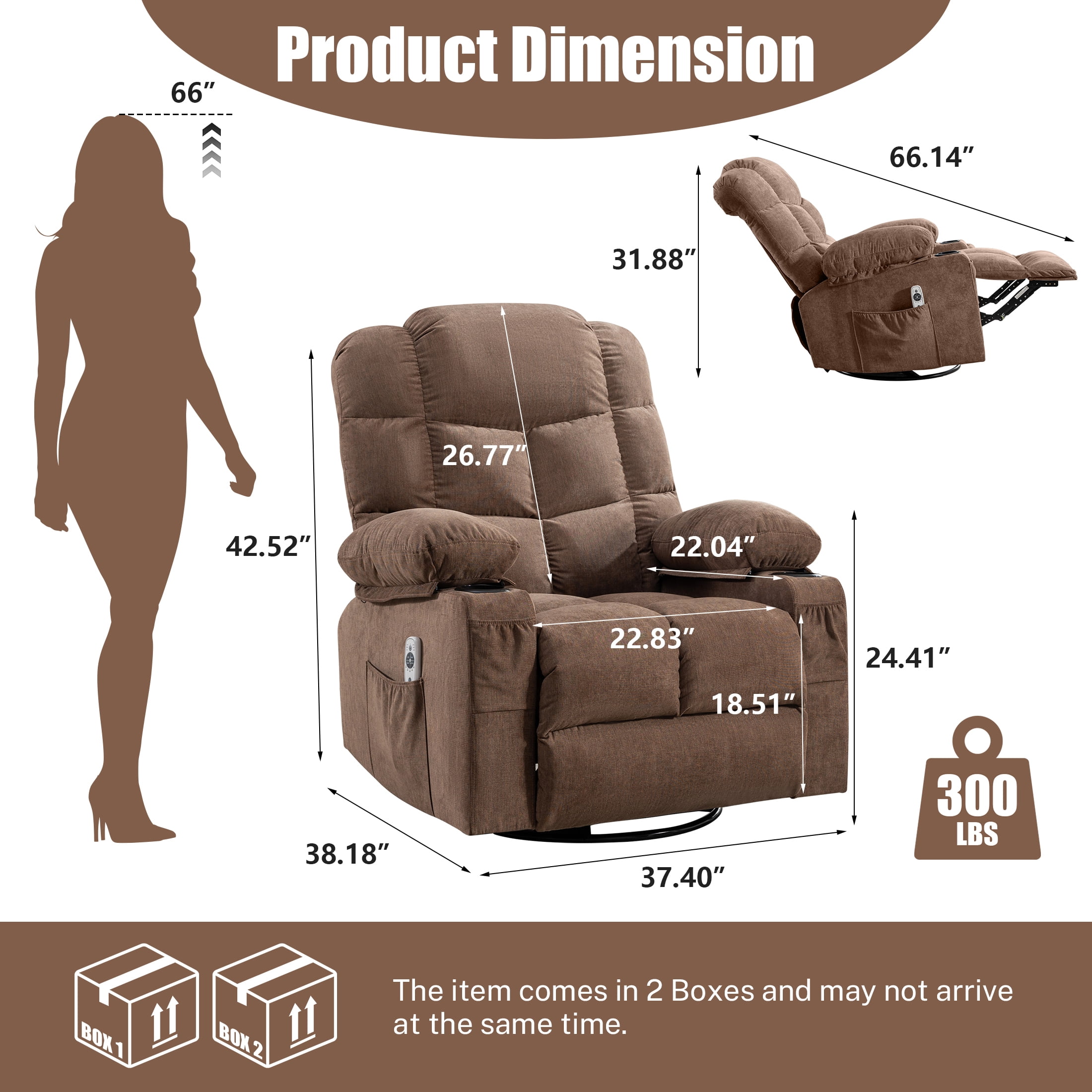 Sesslife Swivel Rocker Recliner Chair with Heat and Vibration Massage, Manual Fabric Lounge Chair with Side Pockets, 2 Cup Holders, USB Charge Port, Single Sofa Chair for Bedroom Theater, Brown