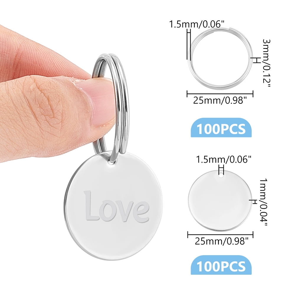 100pcs Round Stamping Blank Tags 25mm Stainless Steel Blanks Keychain Metal Blank Tags Engravable Key Ringwith Hole and 100pcs