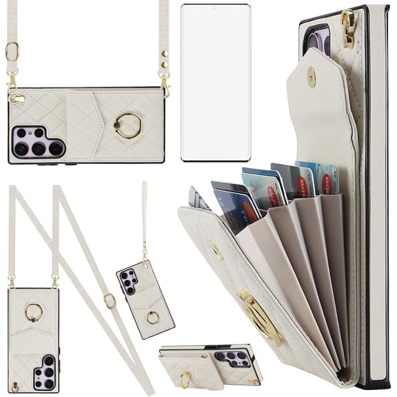 MYKOMII Phone Case for Samsung Galaxy S23 Ultra 5G Wallet Cover with HD Screen Protector and Wrist Strap Ring RFID Blocking Card Holder Cell S23Ultra 23S S 23 23Ultra 6.8 inch Women