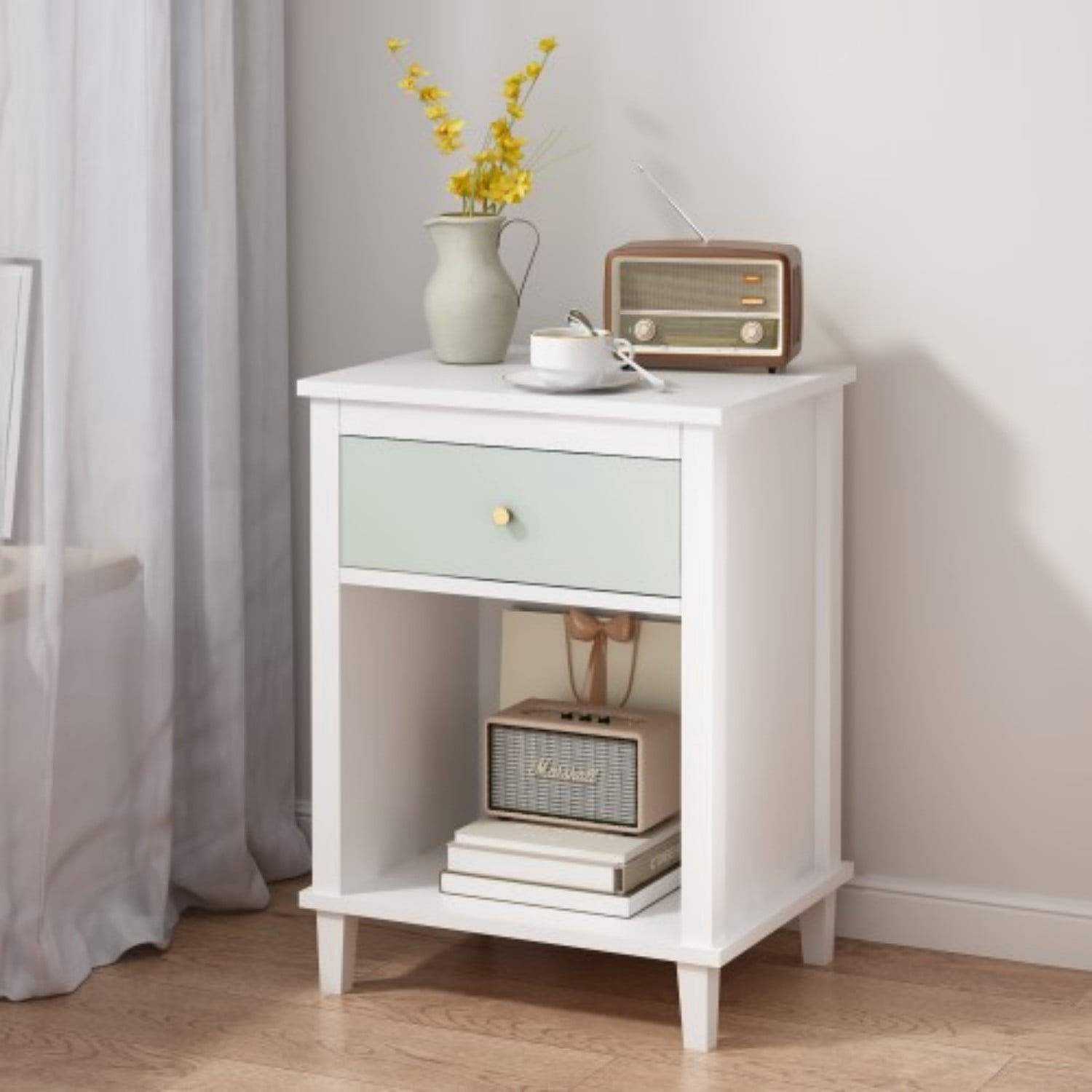 26.77" Wooden Nightstand with Drawer and Open Shelf, Modern Bedside Table for Kids & Adults, MDF End Table with Silver Handle, White+Green