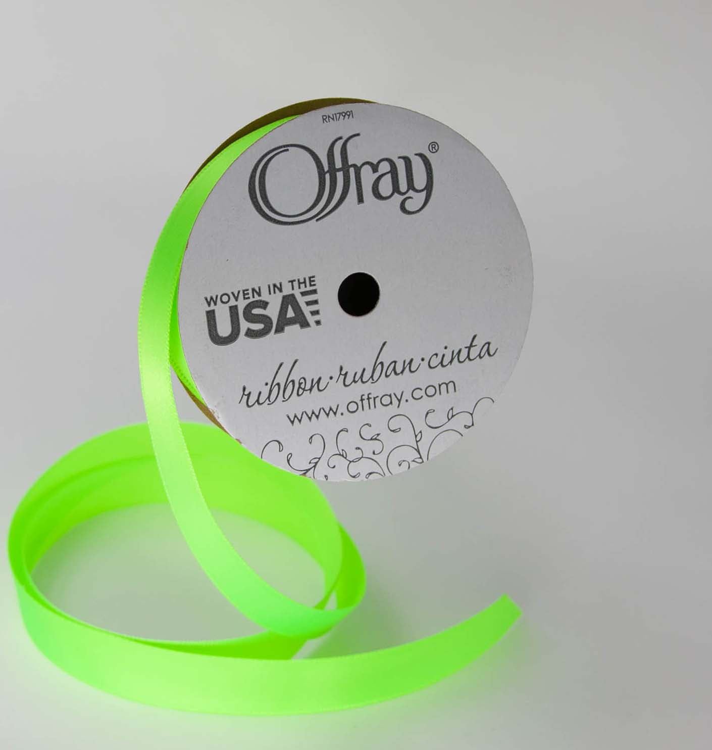 Offray Ribbon, Neon Green 5/8 inch Single Face Satin Polyester Ribbon, 18 feet