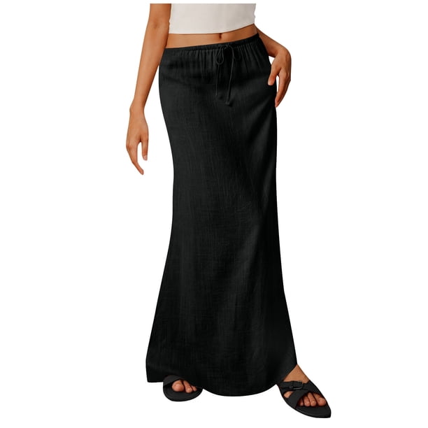 Faldas Largas para las Mujeres de Verano Color Sólido Cordón Moda Casual Poliéster Faldas de Cintura Elástica para las Mujeres