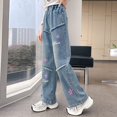 thumbnail image 4 of Gibobby Girls Jeans Baggy Wide Leg Cute Teen Denim Pants Junior Mid Rise Elastic Band with Pockets Casual Clothes Stretch Denim Overalls for Toddler Girls(Blue,8-9 Years), 4 of 9