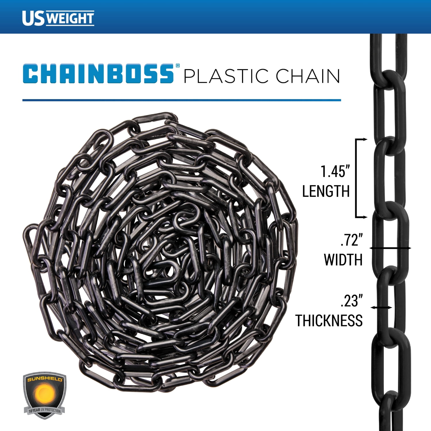 US Weight 1.5" x 10' Black Plastic Safety Chain ft. SunShield UV Resistant Technology
