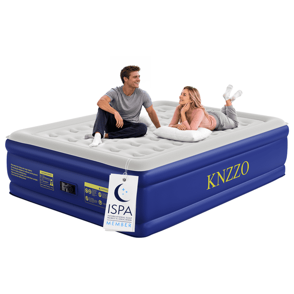Knzzo Queen Air Mattress with Built-In Pump, 18-Inch Raised Inflatable Bed for Home and Guests, Blue