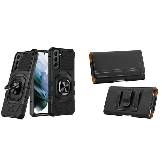 Case with Belt Holster Bundle for Samsung Galaxy S22 Ultra: Heavy Duty Shield Cover (Black) and PU Leather Magnetic Phone Pouch