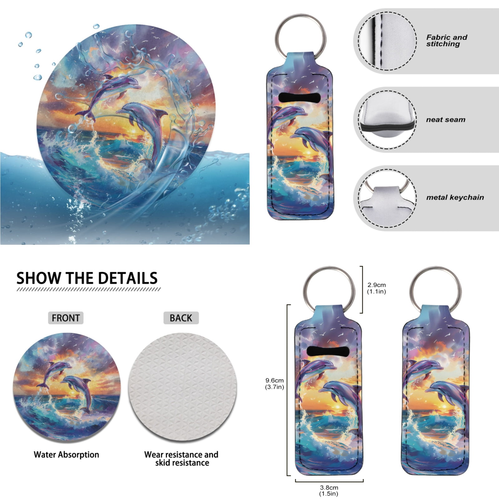 Jeiento Dolphin 17 Pcs Car Seat Cover Full Set with Car Floor Mats Steering Wheel Cover Keychains Seatbelt Pad Armrest Cover Cup Coasters Chapstick Holder Coasters Interior Automotive Accessory