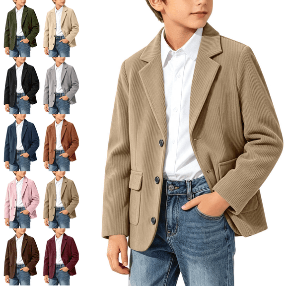 LUGOGNE Boys Blazer Jacket Corduroy Lapel Long Sleeve Suit Coat Solid Color Casual formal Outerwear with Flap Pockets for Fall Spring Transition