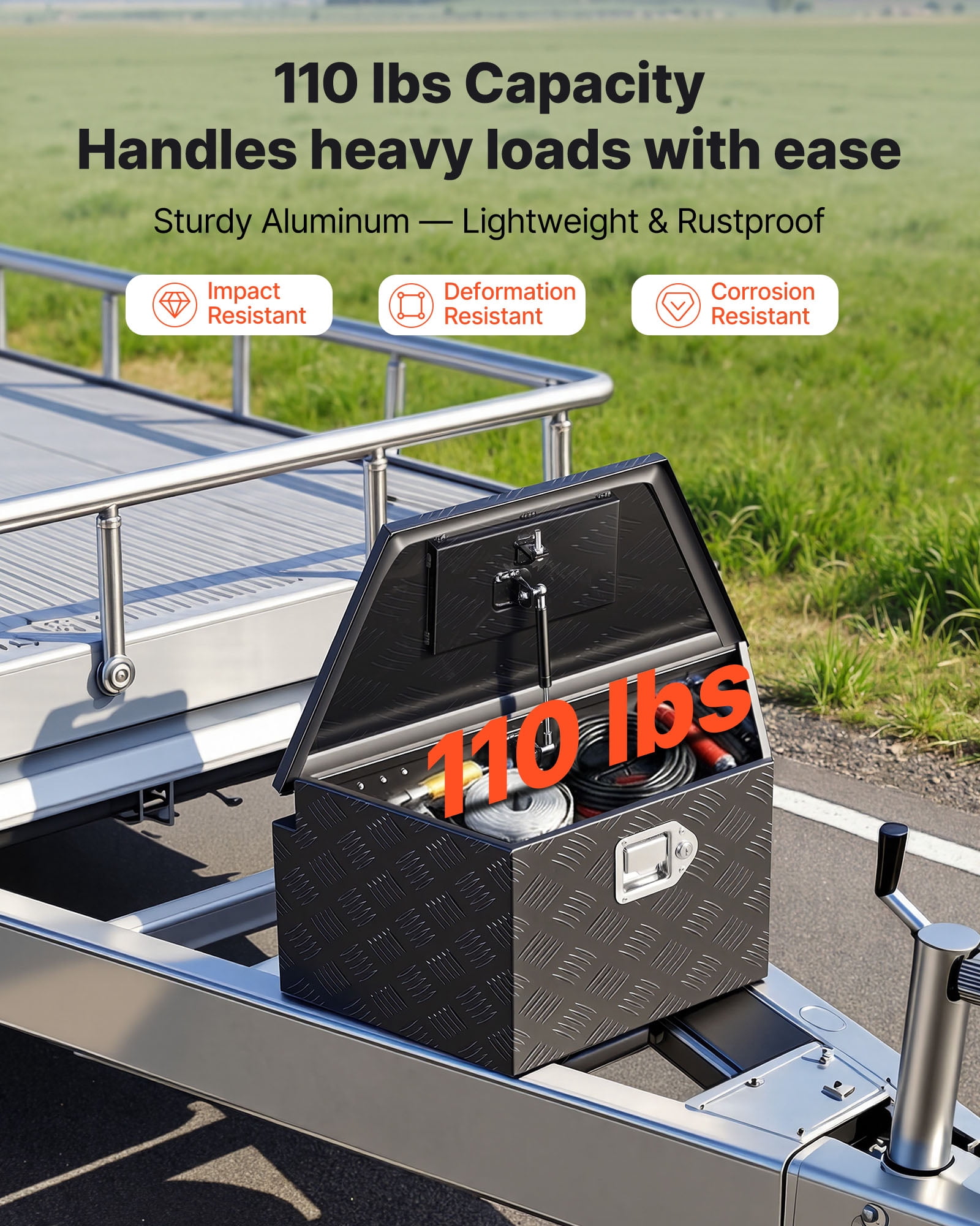 VEVOR Trailer Tongue Box, 26" x 13" x 12" Aluminum Trailer Tongue Tool Box, Heavy Duty Storage Organizer with Lock and Keys, Utility Tool Chest for Pickup Truck Bed, RV, SUV, Off-Road Vehicle, Black