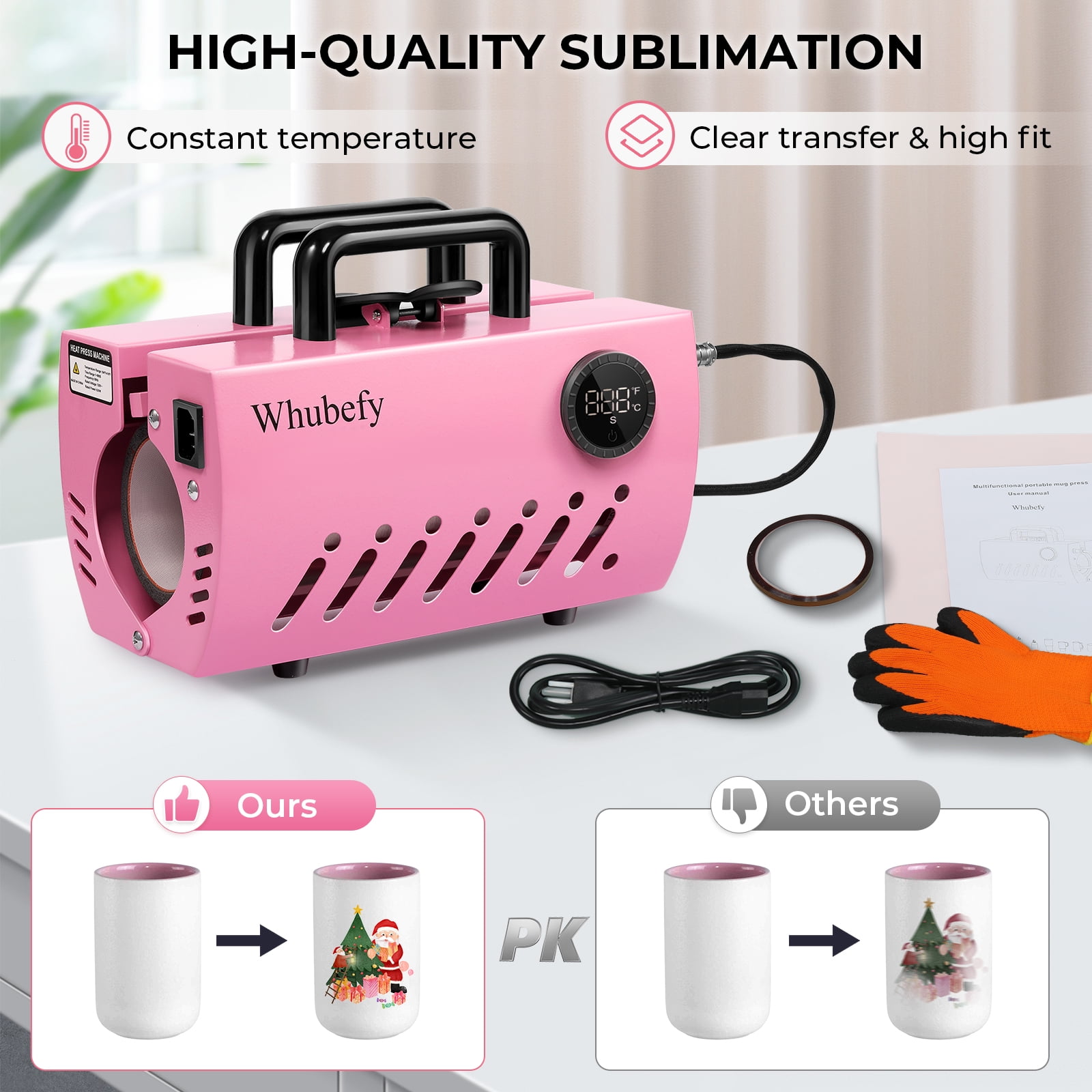 Qhomic Tumbler Heat Press, 30oz Mug Heat Press Machine Sublimation Transfer Straight Skinny Tumblers, Cup Heat Mug Press DIY Mug Cup Heat Transfer, Pink