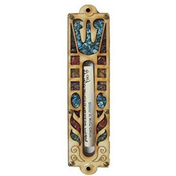 Judaica Jewish Mezuzah Wood Shin with Stones and Scroll By Matiel