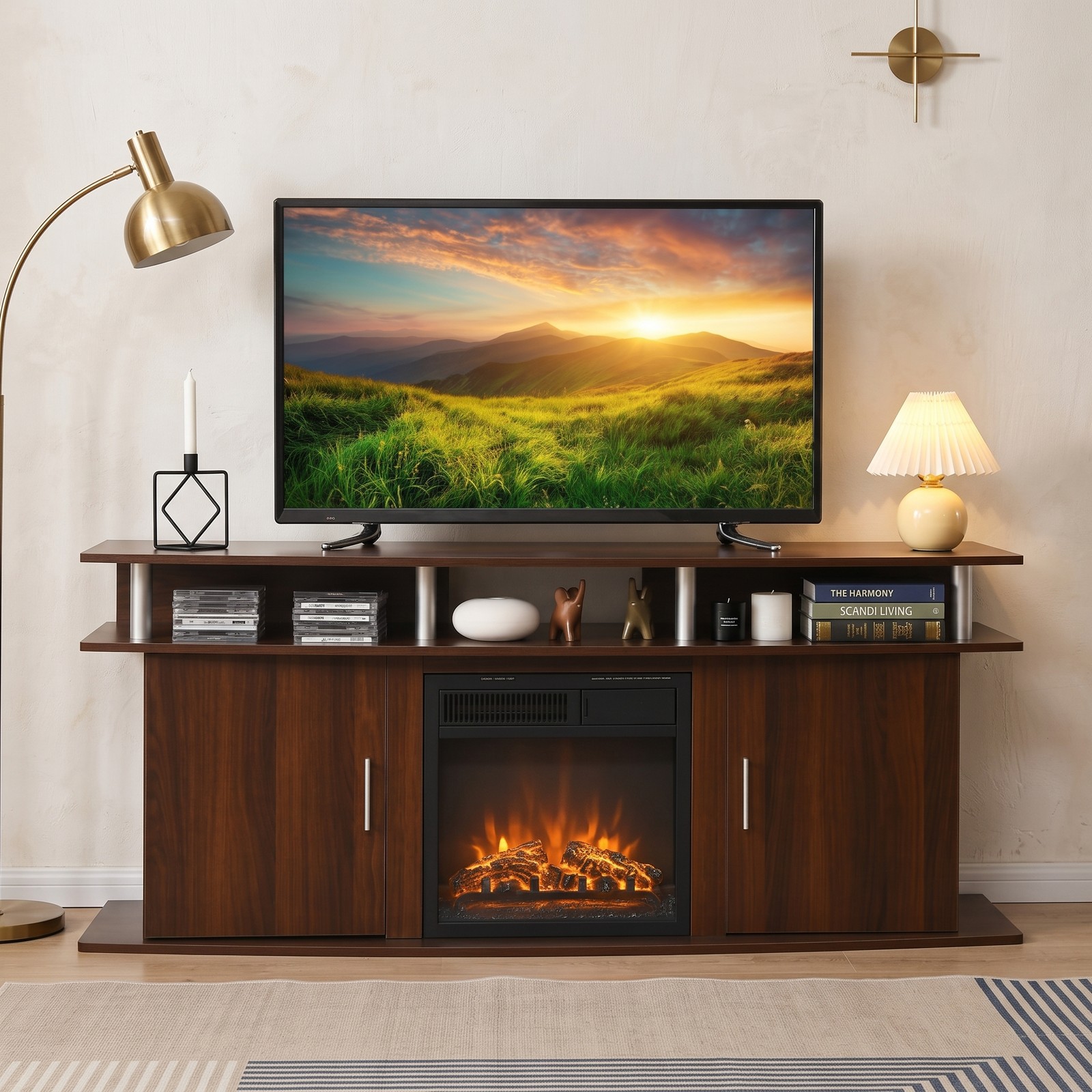 Furnibear 63 Inch TV Stand Entertainment Center for TVs up to 70 Inch, Modern Media Console with 2 Storage Cabinets and Open Shelves, Fireplace-Ready Wood TV, Walnut