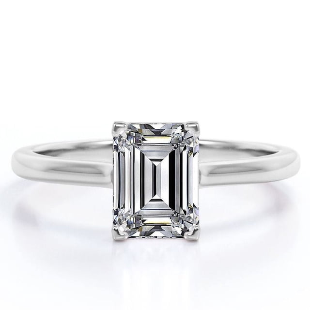 JeenMata Anillo Minimalista con Corte Esmeralda de 1 Quilate y Engaste en Garra para Mano Derecha, Chapado en Oro Blanco de 18 K sobre Plata