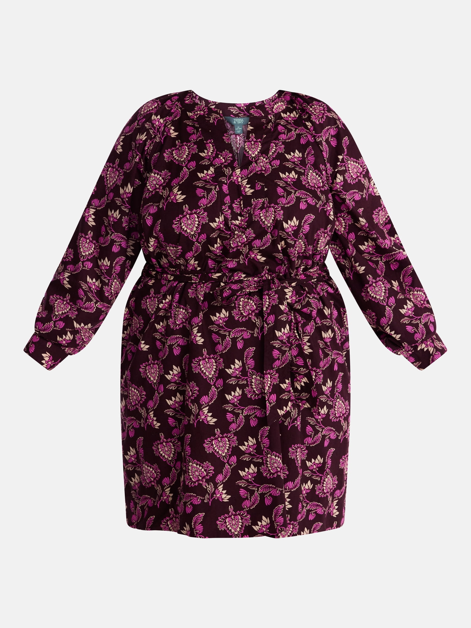 Terra & Sky Women's Plus Cotton Balloon Sleeve Tie Waist Tunic Dress, Sizes 0X-5X