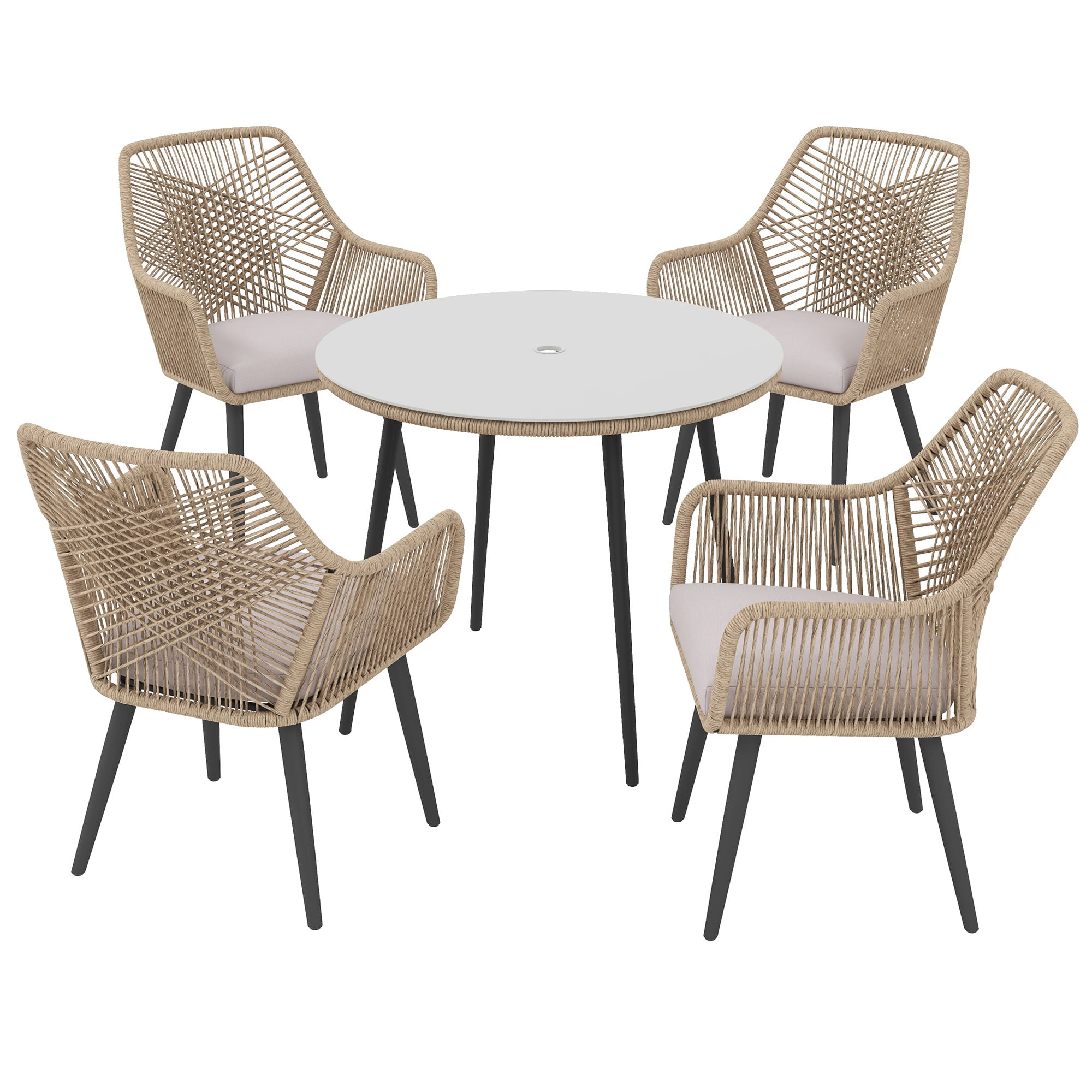 JOIVI 5-Piece Outdoor Patio Dining Set with Rattan Dining Chairs for 4-Person & Tempered Glass Table, 2.16” Umbrella Hole, Tan