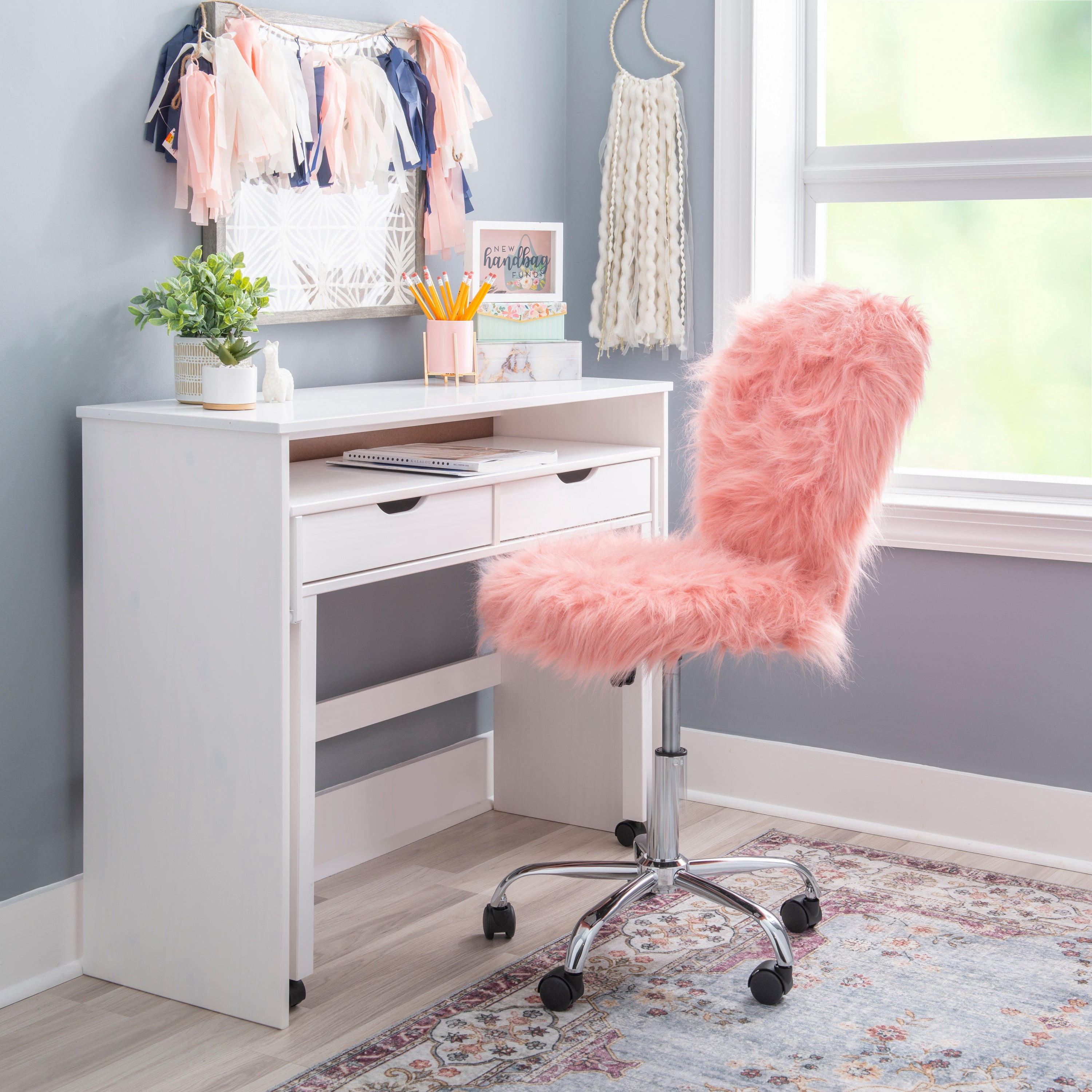 Linon Wilaford Task Chair with Adjustable Height & Swivel, 275 lb. Capacity, Vibrant Pink Faux Fur