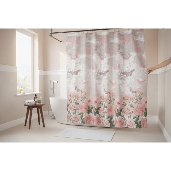 Serafina Home Pink Grey Butterfly Fabric Shower Curtain for Bathroom: Elegant Flower Garden Toile Design
