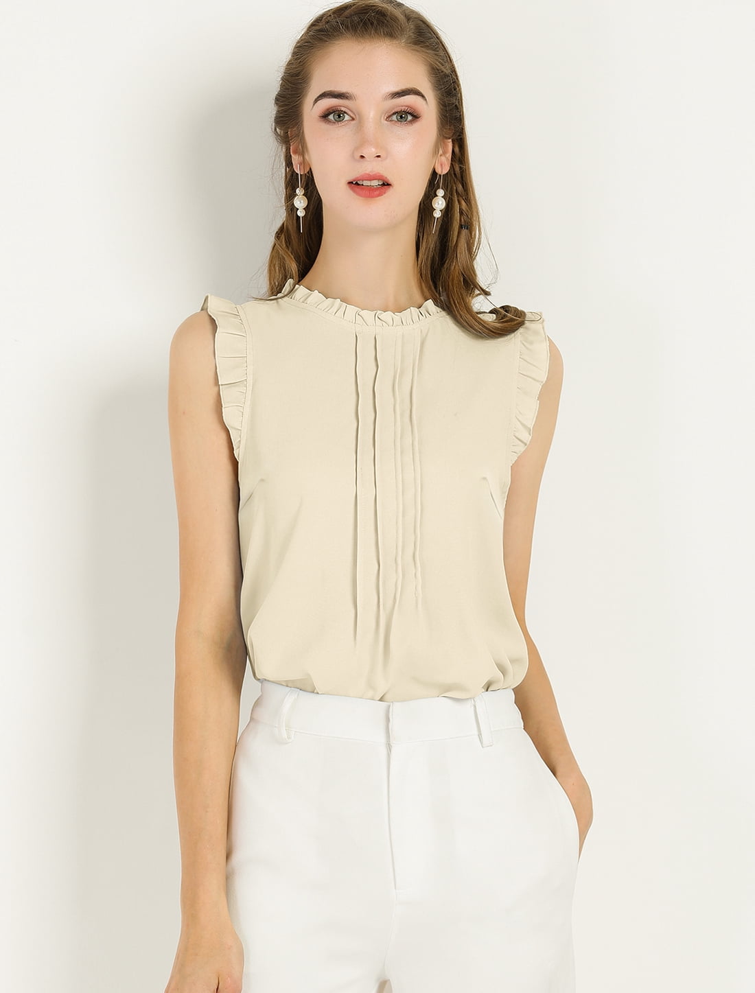 DARING DIVA Women's Ruffled Trim Pleated Plain Blouse Top 2XL Beige