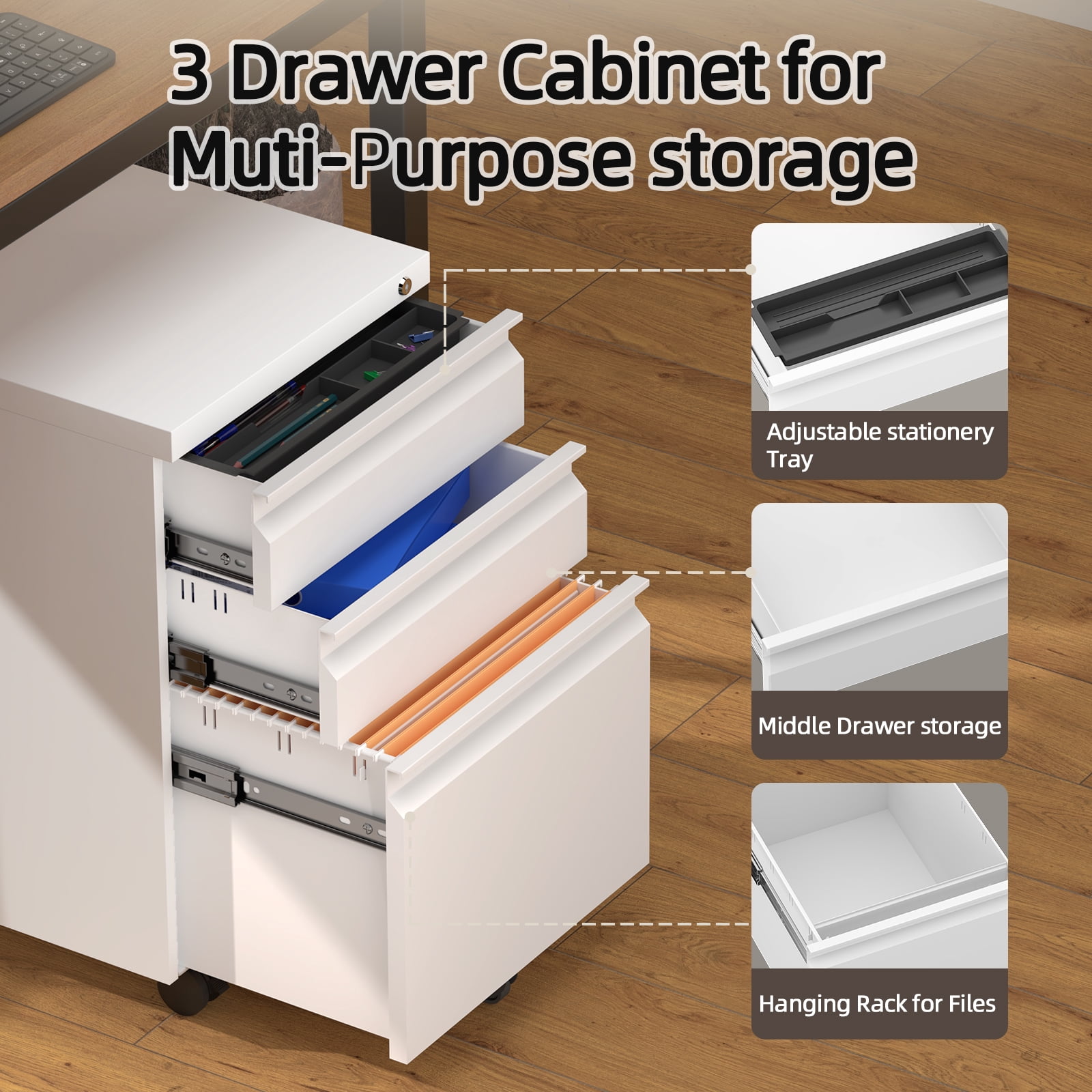 Marcree Filing Cabinets, Mobile File Cabinet with Lock for Home Office, 3 Drawer Filing Cabinet for A4/Letter/Legal Size Folder, Metal Vertical White Filing Cabnet on Wheels, Fully Assembled
